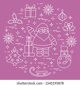 Merry Christmas Happy New Year 2020. Vector illustration  Santa Claus, gifts, bells, Christmas tree, mistletoe, snowman, sleigh, Christmas decorations, snowflakes. Festive background. Design for print