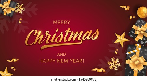 merry christmas and happy new year red backgrounds template with gold glitter elements and calligraphy vacation star party abstract holiday background scene ball red new gold ceremony performance chri