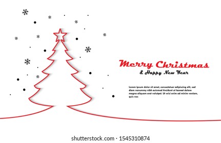 Merry Christmas And Happy New Year Card, Minimal Line Christmas Tree, Place For Text, Great For New Year Party Invitation, Flyer, Banner, Poster, Web, Vector Illustration.