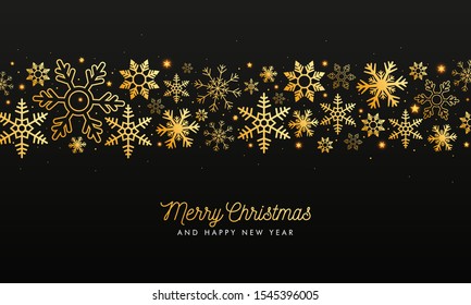 Merry Christmas and Happy New Year greeting card design with golden stars and snowflakes decorated on black background.