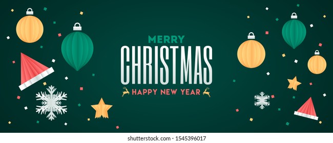 Merry Christmas and Happy New Year text with origami paper baubles, hats and snowflakes decorated on green background. Header or banner design.