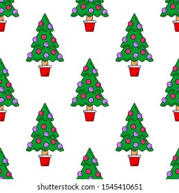 Merry Christmas and Happy New Year 2019 season color seamless pattern. Vector retro flat illustration. Party celebration, winter holidays event, carnival element. Doodle style decorations background.