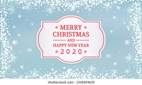 merry christmas and Happy new year 2020 label with snowflakes in vintage blue color background