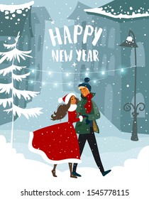 Merry Christmas and Happy New Year! Romantic illustration with loving couple walking down the street. Amazing winter holiday card. Vector illustration