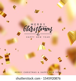 Merry Christmas and Happy New Year. Xmas background with realistic falling glitter gold confetti. Holiday greeting cards. Vector illustration