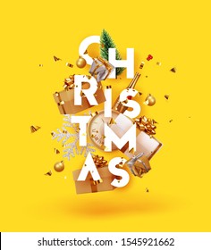 Feliz Navidad y Feliz Año Nuevo. Fondo festivo de Navidad con objetos realistas. Elementos de vacaciones, 3d renderizado y realismo. Tarjeta de saludo, banner, afiche web. ilustración vectorial