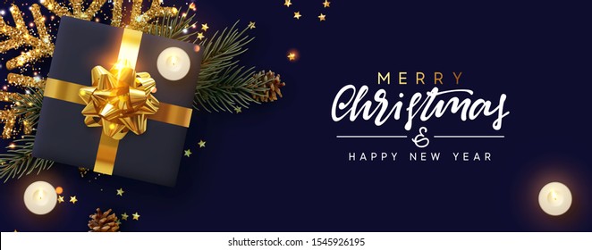 Merry Christmas and Happy New Year. Festive Xmas background with decorative realistic design element. Gift box, decoration glitter gold snowflake, burning candle, pine and spruce branches, gold stars.