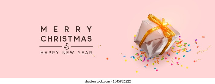 Merry Christmas and Happy New Year. Xmas background with realistic silver gift box, gold confetti. Holiday Horizontal banner web poster, greeting cards, headers, website Vector illustration