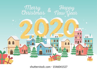 merry christmas and happy new year 2020 greeting card village trees gifts snow vector illustration