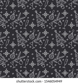Merry Christmas Happy New Year 2019 season color seamless pattern. Vector linear illustration. Party celebration, winter holidays event, happy carnival element. Monochrome style ornament background.
