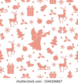 Merry Christmas Happy New Year 2020 background. Vector seamless pattern with angel, Santa Claus reindeer, gifts, Christmas sock, bells, hare, Christmas tree, ball, mistletoe, sled, mittens, snowflakes