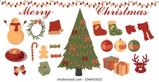 Merry Christmas and Happy New Year set with traditional elements. Celebration of a new year