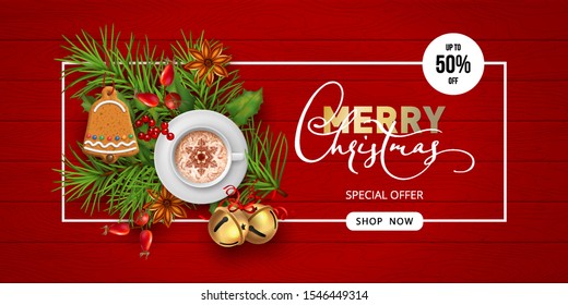 Merry Christmas and Happy new year sale banner. Christmas wooden red background with a cup of coffee and festive decorations