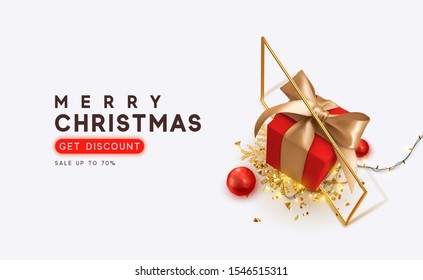 Merry Christmas and Happy New Year. Background with realistic festive gifts box. Xmas present. red boxes with golden ribbon gift surprise, Christmas baubles, balls, glitter gold confetti.