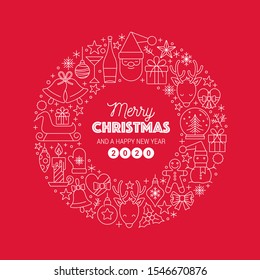 Merry Christmas and happy New Year greeting card design with red holiday line art icon illustration. Includes wreath decoration, reindeer, pine tree. EPS10 vector