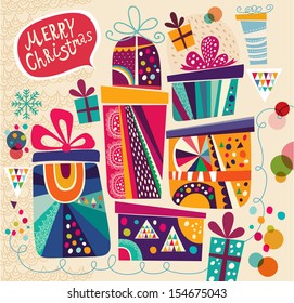 Merry Christmas and Happy New Year card  with gift boxes