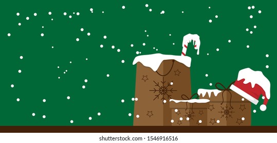 Merry Christmas and happy new year concept. Gift box and Santa claus had on snow background. Vector illustration in flat design.
