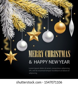 Merry Christmas and Happy New Year background set with fir tree branches, hanging gold and silver 3d baubles, stars. Vector illustration. Winter holiday invitation with decorations