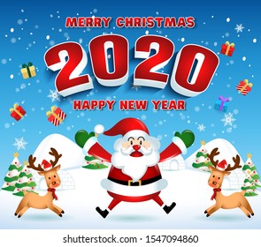 Merry christmas and Happy new year 2020 with santa claus cute cartoon.for Christmas and New Year background.vector illustration