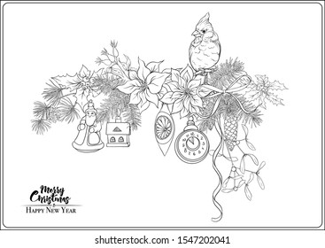 Merry Christmas and Happy New Year card, banner with traditional winter plants and birds, decoration, ribbon. Coloring page for the adult coloring book. Outline hand drawing vector illustration..