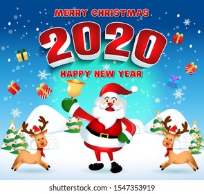 Merry christmas and Happy new year 2020 with santa claus cute cartoon.for Christmas and New Year background.vector illustration