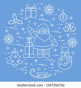 Merry Christmas Happy New Year 2020. Vector illustration  Santa Claus, gifts, bells, Christmas tree, mistletoe, snowman, sleigh, Christmas decorations, snowflakes. Festive background. Design for print