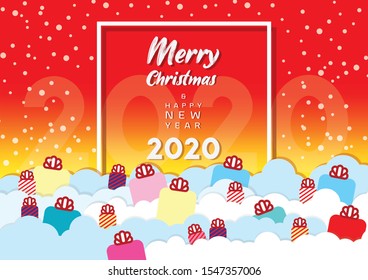 Merry Christmas and Happy New year 2020 greeting card. line frame card. cute a little gift boxes with snow.  bright and colorful Background.