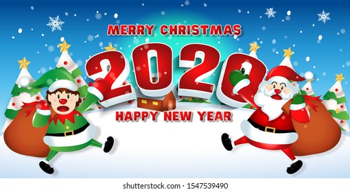Merry christmas and Happy new year 2020 with santa claus cute cartoon.for Christmas and New Year background.vector illustration