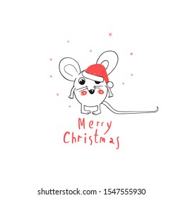 Merry Christmas and happy New Year Greeting Card. 2020 Funny White Mouse Wear Santa Claus Hat. Comic. Animal cartoon black and white illustration.