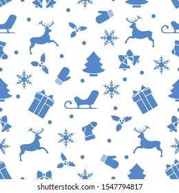 Merry Christmas Happy New Year 2020. Vector seamless pattern with Santa Claus reindeer, gifts, bells, Christmas tree, sock, mistletoe, sled, mittens, snowflakes. Festive background. Design for print.