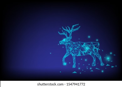 Merry Christmas and happy new year concept. Futuristic polygon Reindeer on blue background.