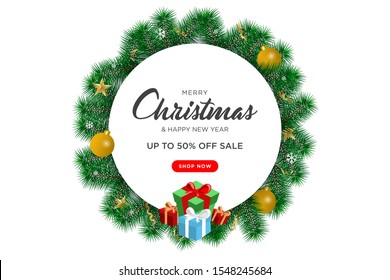 Merry Christmas and happy New Year sale background design. Realistic fir-tree branches