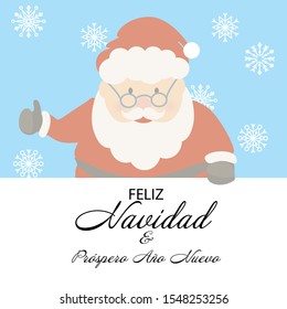 Merry Christmas and Happy New Year in Spanish language. Cute Santa Claus cartoon style vector illustration.