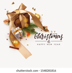 Merry Christmas and Happy New Year. Background with realistic festive gifts box. Xmas present. brown boxes with beige ribbon gift surprise, Golden Christmas baubles, balls, glitter gold confetti.