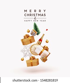 Merry Christmas and Happy New Year. Xmas Festive background with realistic objects. Holiday elements, 3d render and realism. Greeting card, banner, web poster. vector illustration