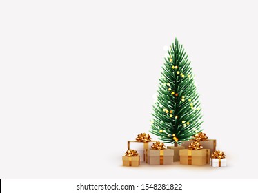 Merry Christmas and Happy New Year. Xmas presents under the Christmas tree. Decorative Pine spruce tree. Realistic brown and white gift boxes. Festive background Greeting card, banner, poster.