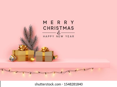 Merry Christmas and Happy New Year. Shelf and podium with realistic golden gifts boxes with gold bows, silver pine and spruce branch. Xmas blue background with present box. vector illustration