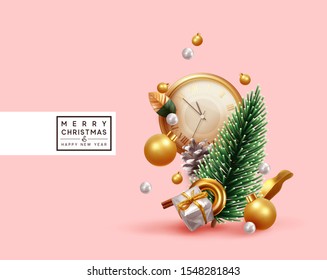 Merry Christmas and Happy New Year. Xmas Festive background with realistic objects. Holiday elements, 3d render and realism. Greeting card, banner, web poster. vector illustration