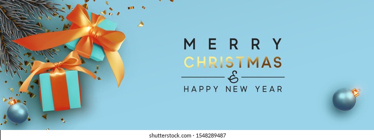 Merry Christmas and Happy New Year. Background with realistic festive gift box. Xmas present. blue boxes with golden ribbon gift surprise, Christmas baubles, ball, glitter gold confetti. pine branches