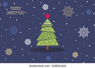 Merry christmas and happy new year. Vector illustration Flat style. Abstract christmas tree on blue background with snowflakes.
