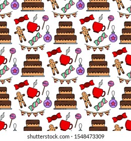 Merry Christmas and Happy New Year 2019 season color seamless pattern. Vector flat illustration. Party celebration, winter holidays event, happy carnival element. Vintage style ornament background.