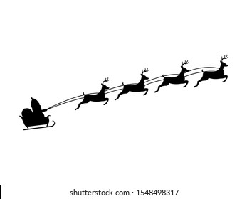 Merry Christmas and Happy new year. Xmas holiday celebration. The silhouette of Santa Claus flying with deer on a white background. Vector illustration.