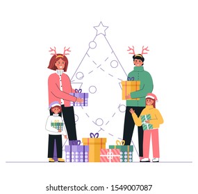 Merry Christmas and Happy New Year. Happy family receives and opens gifts near the Christmas tree. Father, mother, children and pets together celebrate the holiday. Vector illustration in flat style.