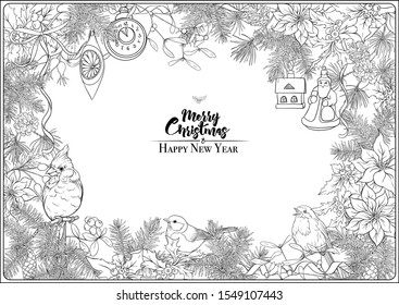 Merry Christmas and Happy New Year card, banner with traditional winter plants and birds, decoration, ribbon. Coloring page for the adult coloring book. Outline hand drawing vector illustration..