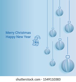 Merry Christmas and Happy New Year greeting card with printable Illustration of man. Santa Claus on blue background. Typography Vector Xmas, New Year, winter concept with hanging balls. Paper cut art