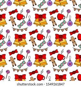 Merry Christmas and Happy New Year 2019 season color seamless pattern. Vector retro flat illustration. Party celebration, winter holidays event, carnival element. Doodle style decorations background.