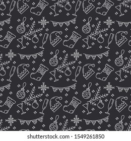 Merry Christmas Happy New Year 2019 season color seamless pattern. Vector retro linear illustration. Party celebration, winter holidays event, carnival element. Monochrome style decorations background