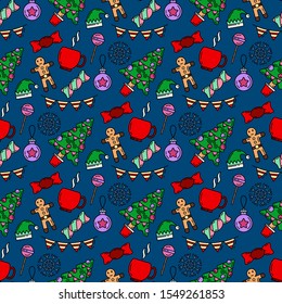 Merry Christmas Happy New Year 2019 season color seamless pattern. Vector retro flat illustration. Party celebration, winter holidays event, carnival element. Dark theme style decorations background.