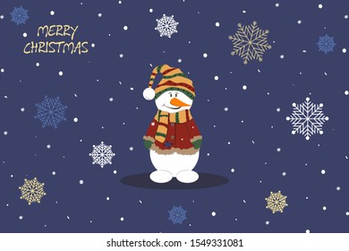 
Merry Christmas and happy new year. Vector illustration. Flat style.
Snowman in clothes on a blue background with snowflakes.