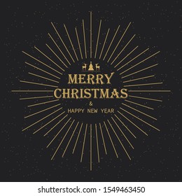 Merry Christmas and Happy New Year. Golden text on a black background.  Vector illustration.